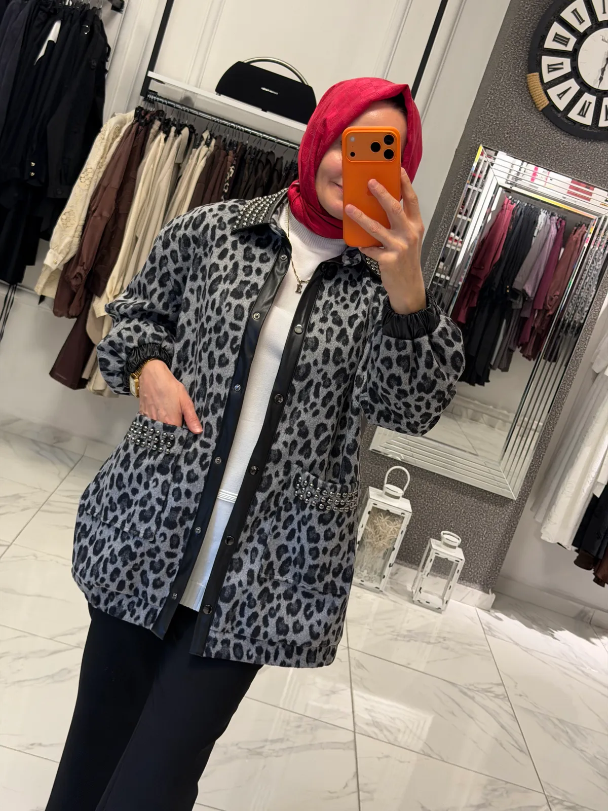 Ghisa Leopar Yakası zımba detaylı ceket