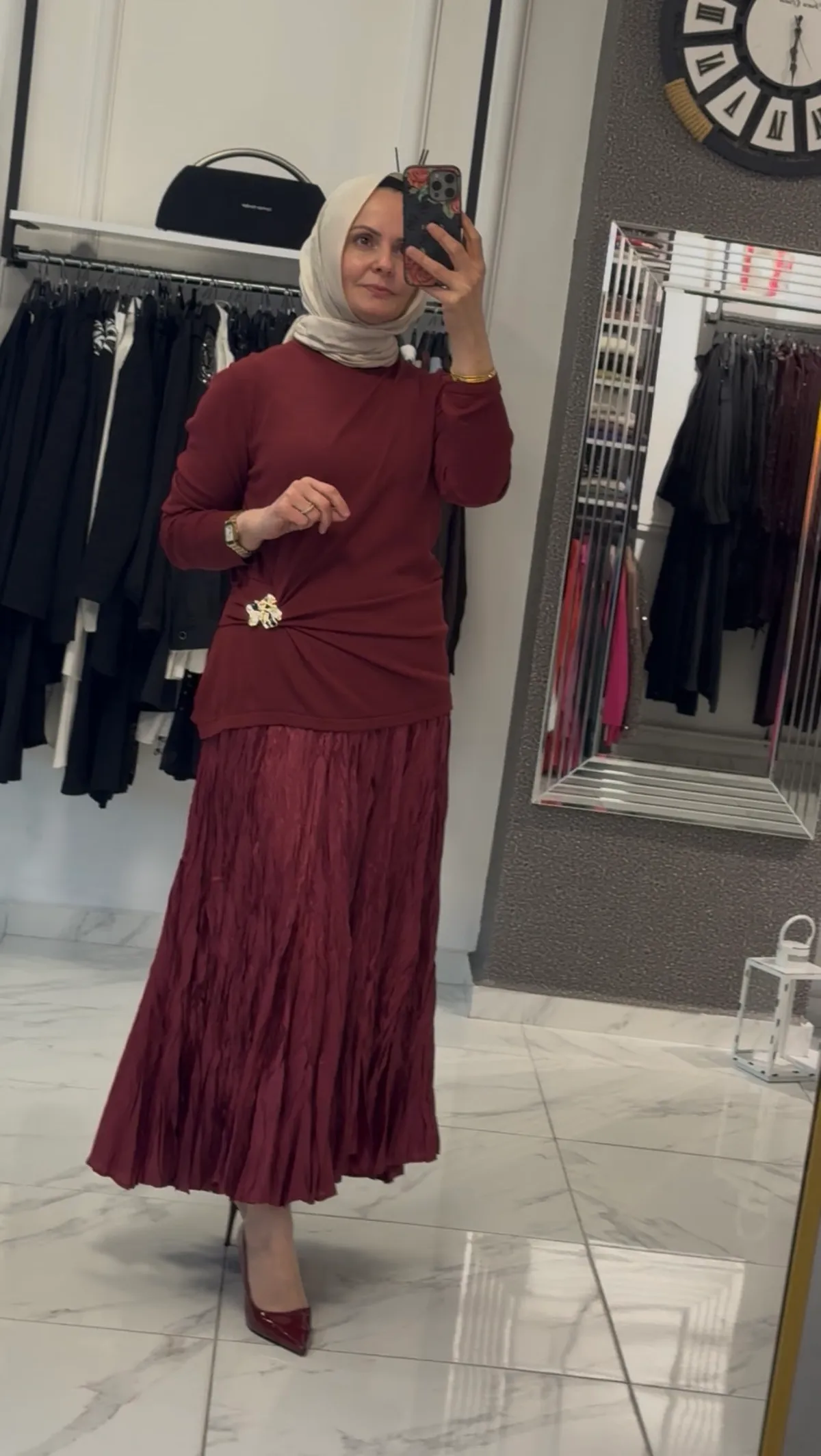 Ghisa Kırıştırma Etek - Bordo