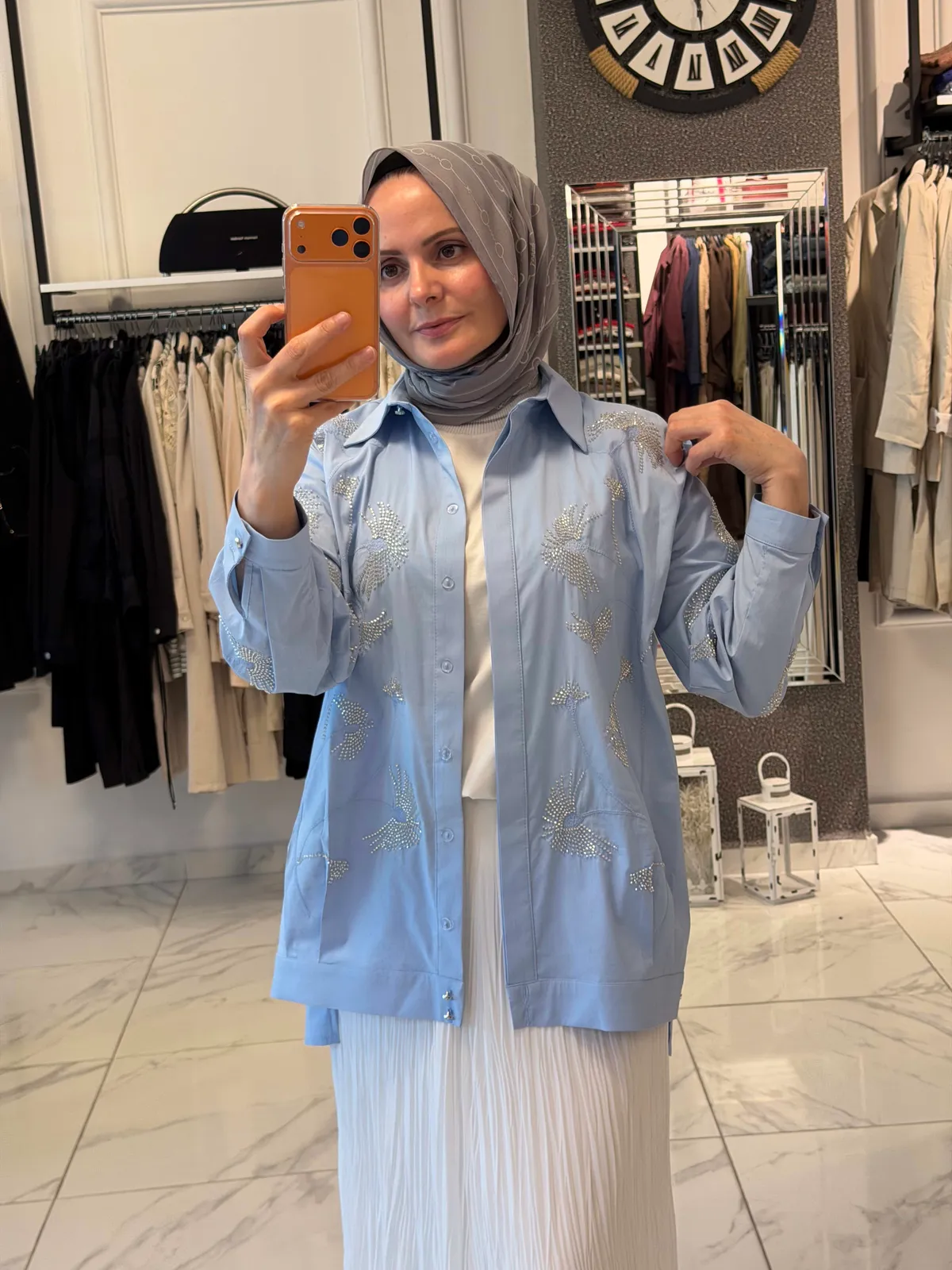 Boncuklu Nakışlı Gömlek - Bebe Mavisi