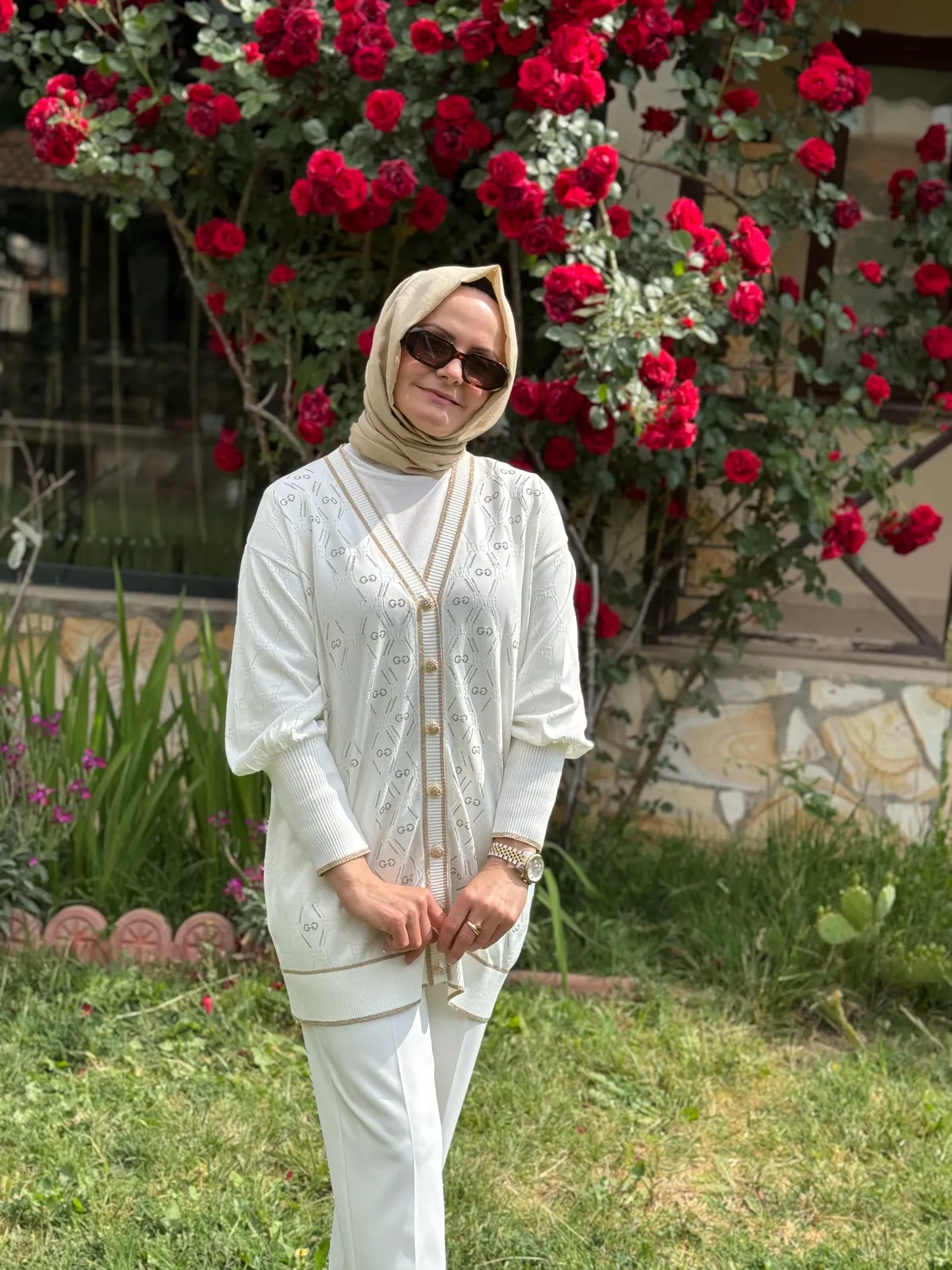 Merserize Taş Detaylı Hırka - Ekru