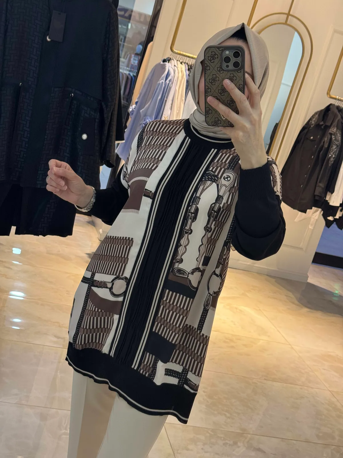 Şal Desen İpek Saten Tunik - Kahverengi