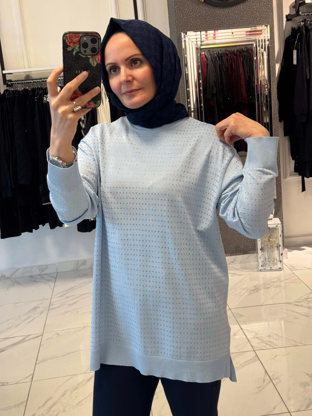 Taş Detaylı Tunik  - Mavi